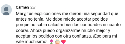 Captura de un mensaje real de una alumna de Repostería Rentable 3