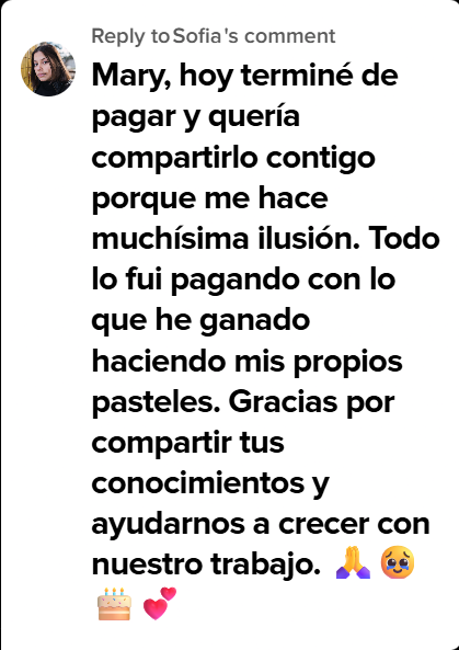 Captura de un mensaje real de una alumna de Repostería Rentable 1