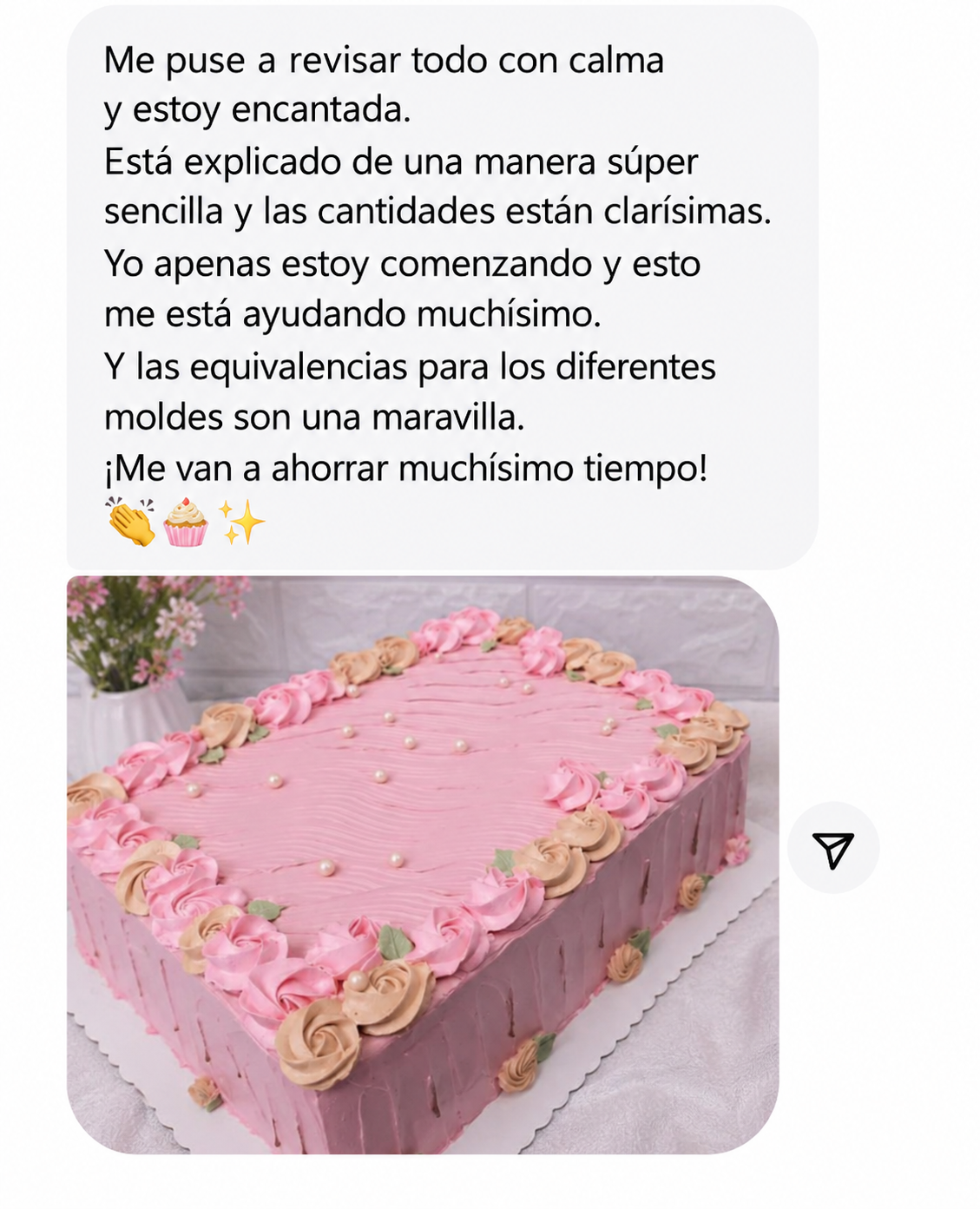 Captura de un mensaje real de una alumna de Repostería Rentable 9