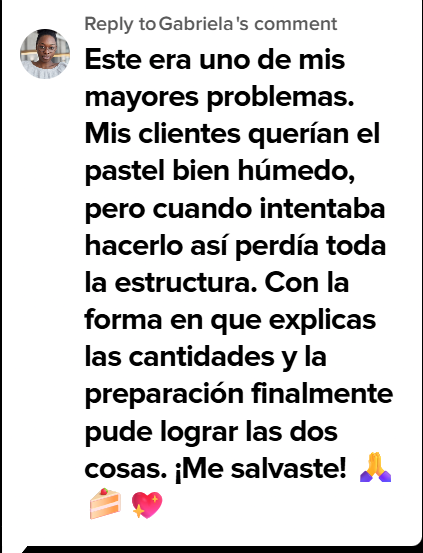 Captura de un mensaje real de una alumna de Repostería Rentable 8