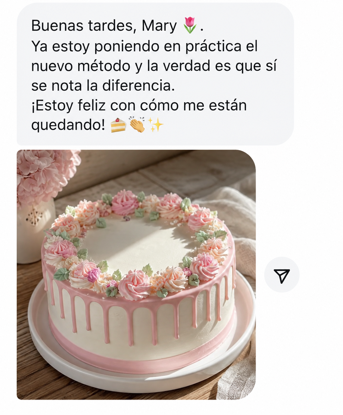 Captura de un mensaje real de una alumna de Repostería Rentable 6