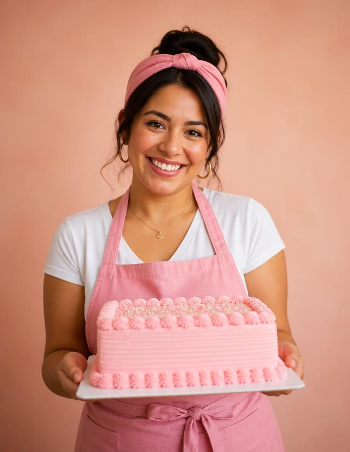 Repostera casera sosteniendo una tarta rectangular